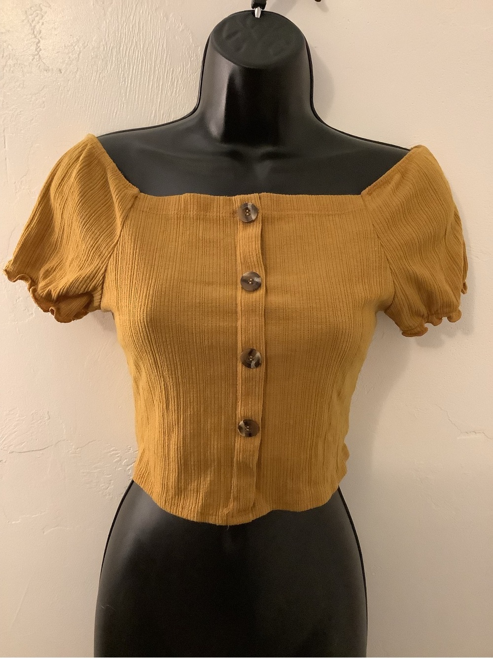 Off-Shoulder Mustard Ribbed Button-Front Crop Top
